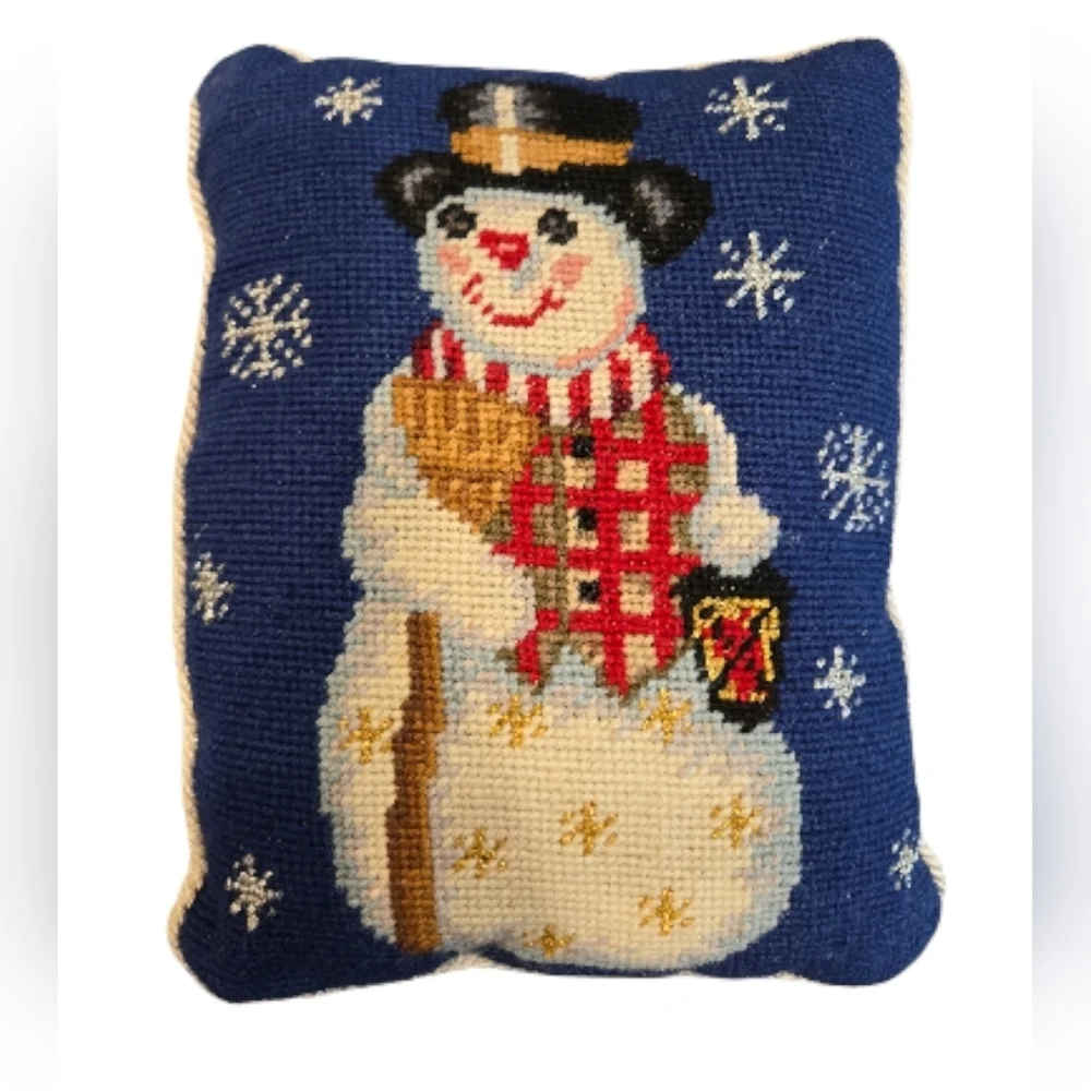 VTG CHRISTOPHER RADKO CROSS-STITCH/NEEDLEPOINT MINI SNOWMAN PILLOW.